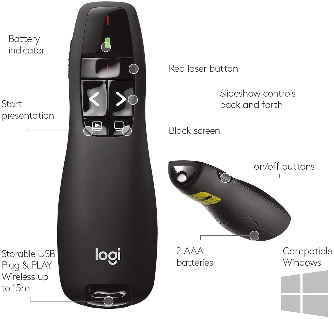  Logitech Wireless Presenter R400, Wireless Presentation Remote Clicker with Laser Pointer